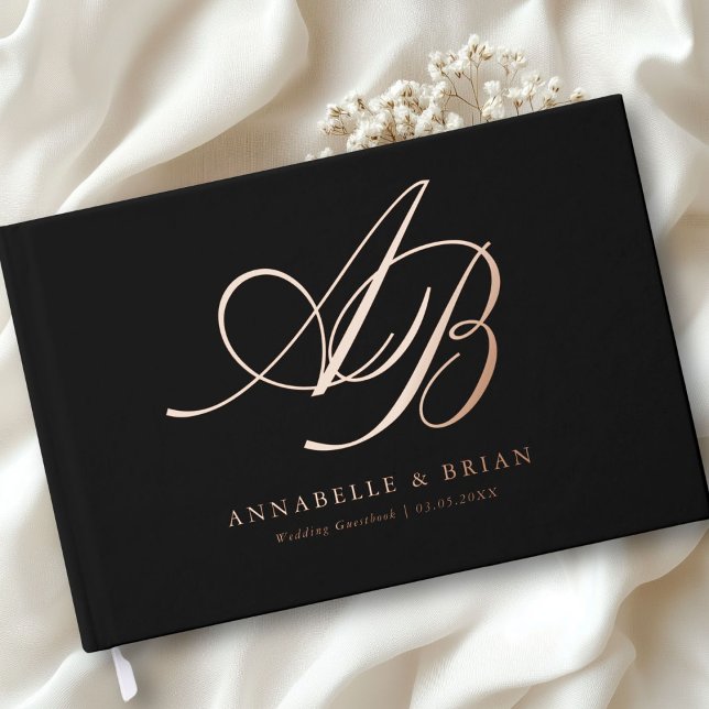 Elegant, Monogramm, Hochzeit Gästebuch (Personalized Minimalist Script Font Monogram | Elegant Foil Wedding Guest Book.)