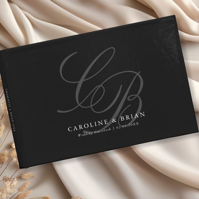 Elegant, Monogramm, Hochzeit Gästebuch (Elegant, Monogram, Black Wedding Guest Book with your name & date.)