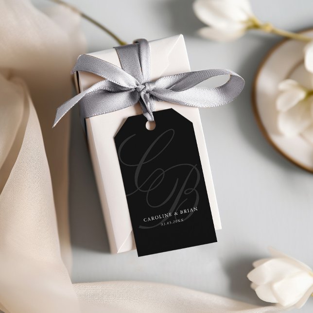 Elegant, Monogramm, Hochzeit Geschenkanhänger (Elegant, Monogram, Wedding Black Gift Tags. With your names & date.)
