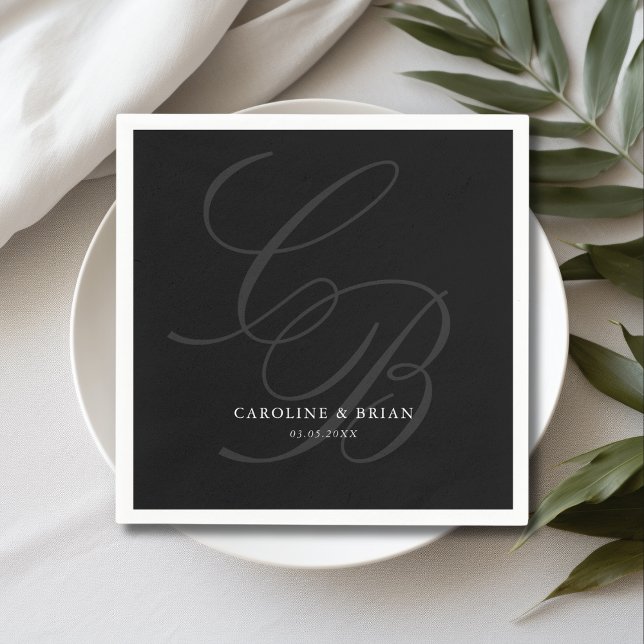 Elegant, Monogramm, Hochzeit Serviette (Elegant, Monogram, Wedding Napkins, script font, black & white.)