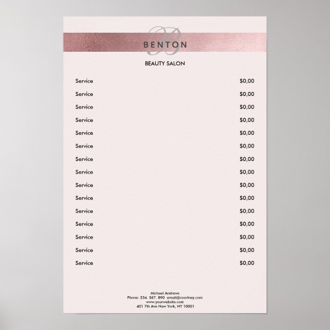 Elegant Monogramm Lightpink Rosegold Pricelist Poster (Vorne)