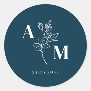 Elegant, Monogramm, Line Art Blume, Hochzeiten Runder Aufkleber
