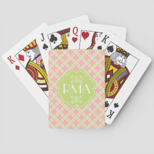 Elegant Monogrammed Clover Pattern Pink & Green Spielkarten
