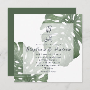 Elegant Monstera Emerald Green Wedding Einladung