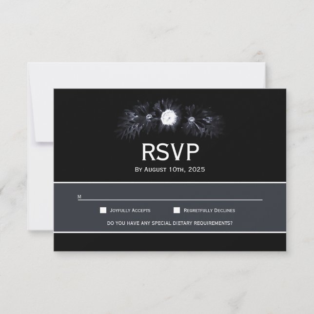 Elegant Moody Black Floral Wedding RSVP (Vorderseite)