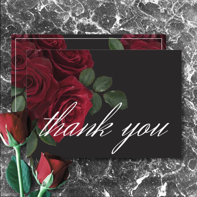 Elegant Moody Blood Rote Rose Floral Wedding Dankeskarte (Elegant Moody Blood Red Roses Floral Wedding Thank You Card)