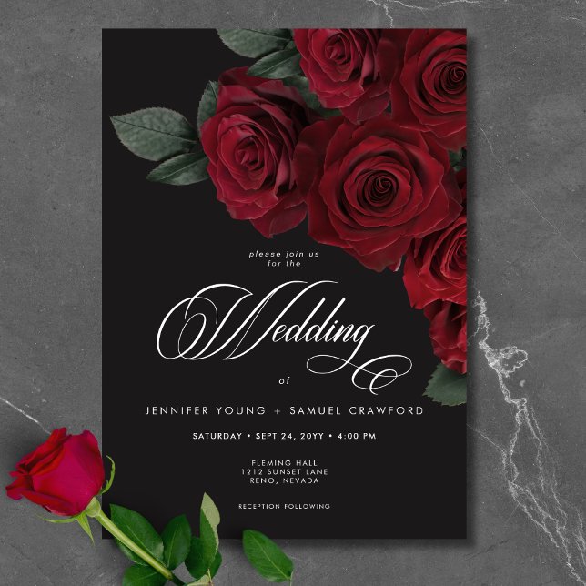 Elegant Moody Blood Rote Rose Floral Wedding Einladung (Elegant Moody Blood Red Roses Floral Wedding Invitation)