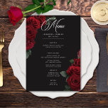 Elegant Moody Blood Rote Rose Floral Wedding Menükarte<br><div class="desc">Mit unserer faszinierenden Hochzeitskarte können Sie Ihre gotisch inspirierte Feier zeitlos elegant gestalten. Ein weicher schwarzer Hintergrund bietet die perfekte Leinwand für einen fesselnden, aber dennoch schlichten Bouquet. Stellen Sie sich ein Eckchen aus abgestuften Blüten vor, wo sich reiche rote rote Rosen mit dunkelgrünem Blattwerk vermischen. Dieses ätherische Design besticht...</div>