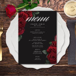 Elegant Moody Blood Rote Rose Floral Wedding Menükarte<br><div class="desc">Mit unserer faszinierenden Hochzeitskarte können Sie Ihre gotisch inspirierte Feier zeitlos elegant gestalten. Ein weicher schwarzer Hintergrund bietet die perfekte Leinwand für einen fesselnden, aber dennoch schlichten Bouquet. Stellen Sie sich ein Eckchen aus abgestuften Blüten vor, wo sich reiche rote rote Rosen mit dunkelgrünem Blattwerk vermischen. Dieses ätherische Design besticht...</div>