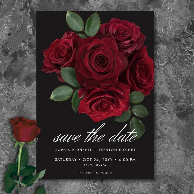 Elegant Moody Blood Rote Rose Floral Wedding Save The Date (Elegant Moody Blood Red Roses Floral Wedding Save The Date)