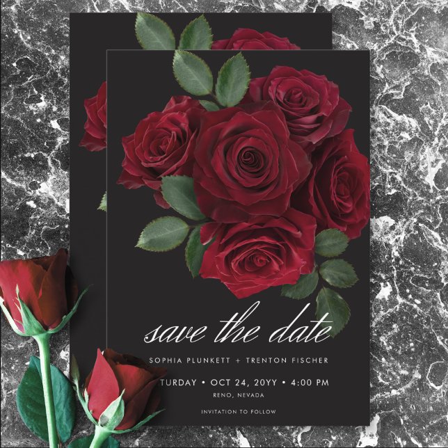 Elegant Moody Blood Rote Rose Floral Wedding Save The Date (Elegant Moody Blood Red Roses Floral Wedding Save The Date)