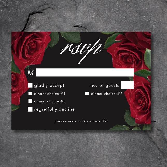 Elegant Moody Blood Rote Rosen Blumendinner RSVP Karte (Elegant Moody Blood Red Roses Floral Dinner RSVP Card)