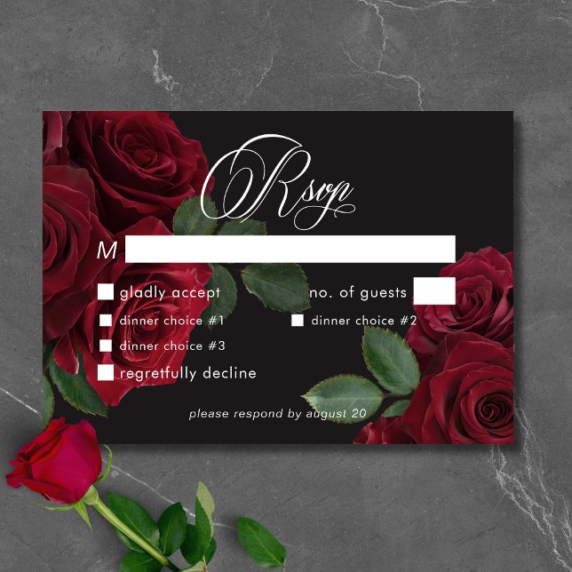 Elegant Moody Blood Rote Rosen Blumendinner RSVP Karte (Elegant Moody Blood Red Roses Floral Dinner RSVP Card)