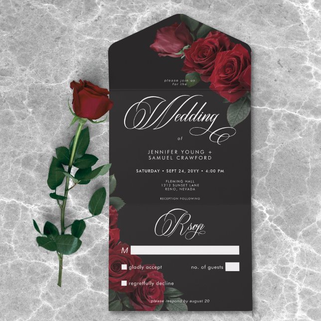 Elegant Moody Blood Rote Rosen Hochzeit kein Abend All In One Einladung (Elegant Moody Blood Red Roses Wedding No Dinner All In One Invitation)