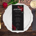 Elegant Moody Blood Rote Rosen Hochzeit Menükarte<br><div class="desc">Mit unserer fesselnden Hochzeitskarte können Sie Ihre gotisch inspirierte Feier zeitlos elegant gestalten. Ein weicher schwarzer Hintergrund bietet die perfekte Leinwand für einen fesselnden, aber dennoch schlichten Bouquet. Stellen Sie sich ein Eckchen aus abgestuften Blüten vor, wo sich reiche rote rote Rosen mit dunkelgrünem Blattwerk vermischen. Dieses ätherische Design besticht...</div>