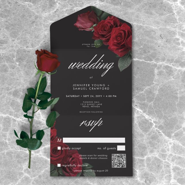 Elegant Moody Blood Rote Rosen Hochzeitsstift QR-C All In One Einladung (Elegant Moody Blood Red Roses Wedding QR Code All In One Invitation)
