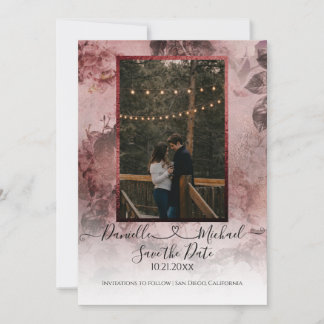 Elegant Moody Burgundy Floral Script Heart Foto Save The Date