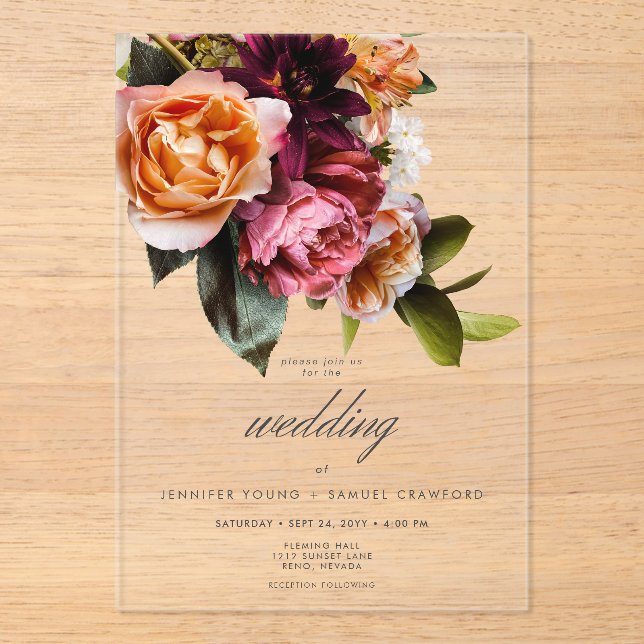 Elegant Moody Burgundy & Pink Floral Wedding Acryleinladungen (Vorderseite)