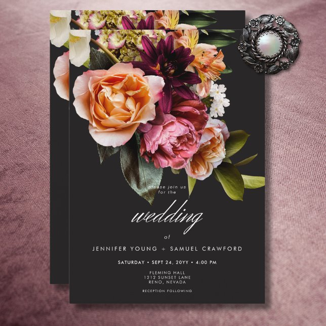 Elegant Moody Burgundy & Pink Floral Wedding Einladung (Elegant Moody Burgundy & Pink Floral Wedding Invitation)