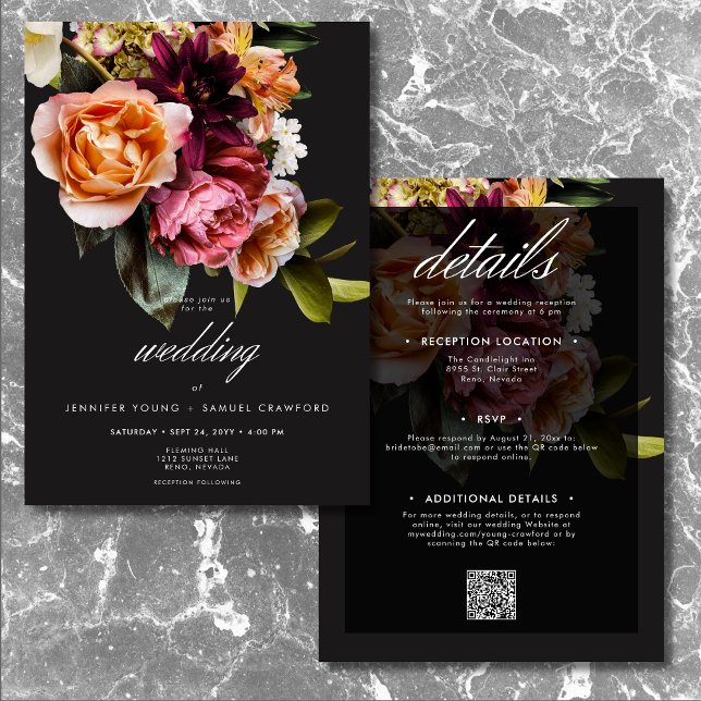 Elegant Moody Burgundy & Pink floral zwei Seiten Einladung (Elegant Moody Burgundy & Pink Floral Two Sided Invitation)