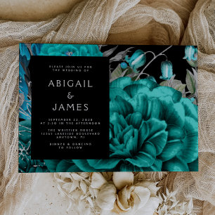 Elegant Moody Dark Floral Aquamarin Silver Wedding Einladung