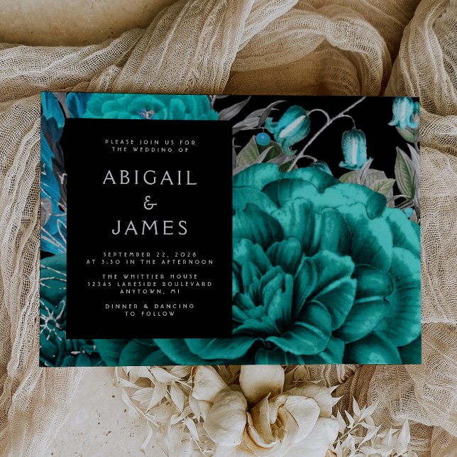 Elegant Moody Dark Floral Aquamarin Silver Wedding Einladung (The perfect choice for a romantic turquoise and silver themed wedding.)