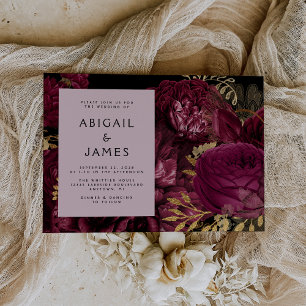 Elegant Moody Dark Floral Burgundy Gold Wedding Einladung