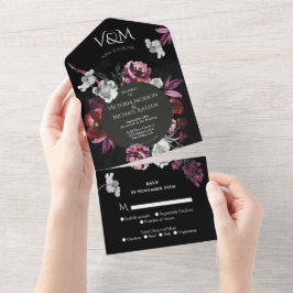 Elegant Moody Dark Lila Floral Wedding All In One Einladung
