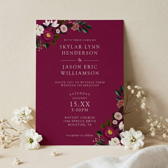Elegant Moody Floral Watercolor Burgundy Wedding Einladung (Elegant Moody Burgundy Watercolor Floral Wedding Invitation)