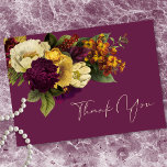 Elegant Moody Jewel Vintage Floral Wine Wedding Dankeskarte<br><div class="desc">Elevate your wedding stationery with this dark and moody floral wedding thank you card, designed for couples who love timeless elegance with a dramatic edge. Set against a soft burgundy wine background, the design features lush vintage-inspired floral bouquets in cream, white, burgundy, yellow, orange, and navy tones—evoking a romantic, old-world...</div>