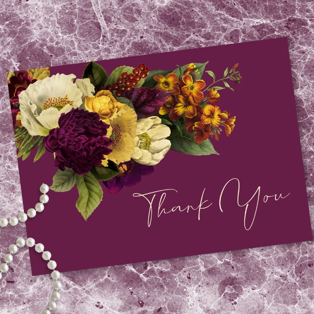 Elegant Moody Jewel Vintage Floral Wine Wedding Dankeskarte (Elegant Moody Jewel Vintage Floral Wine Wedding Thank You Card)