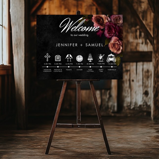 Elegant Moody Mled Rust Burgundy Reihenfolge der E Poster (Elegant Moody Muted Rust & Burgundy Floral Wedding Poster)