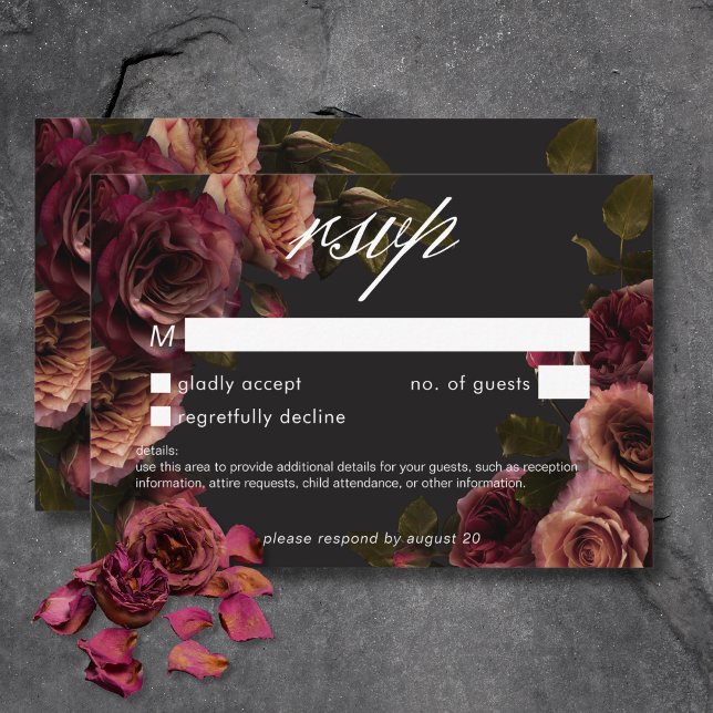 Elegant Moody Mutes Rost Burgundy Floral No Dinner RSVP Karte (Elegant Moody Muted Rust Burgundy Floral No Dinner RSVP Card)