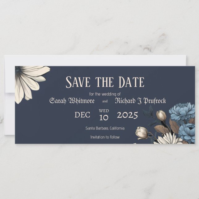 Elegant Moody Navy Blue Floral Save The Date (Vorderseite)