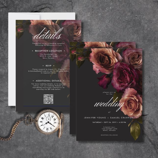 Elegant Moody Rust & Burgund zweiseitig floral Einladung (Elegant Moody Rust & Burgundy Floral All In One Invitation)