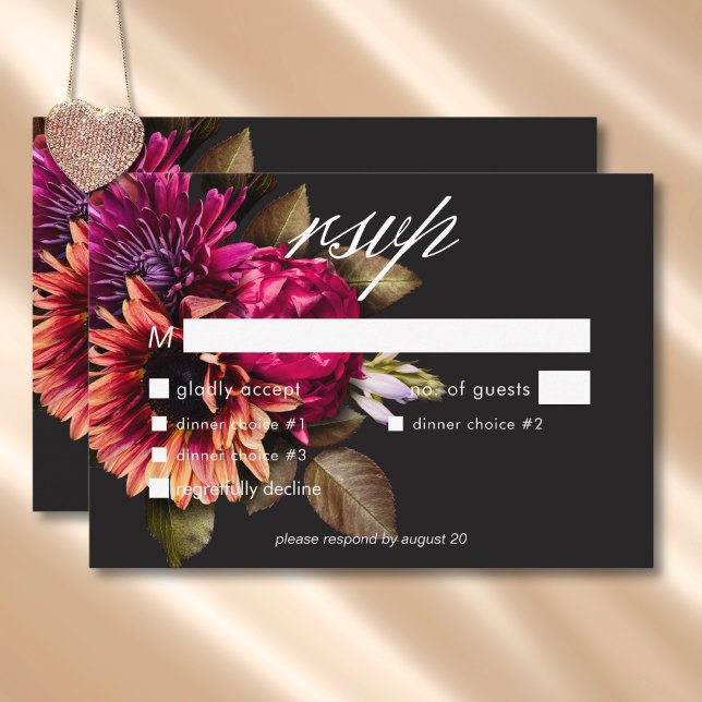 Elegant Moody Vibranly RSVP Karte (Elegant Moody Vibrant Sunset Floral Dinner RSVP Card)