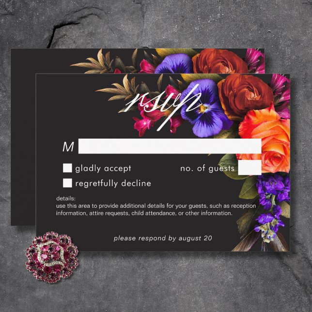 Elegant Moody Vibranly Sunset Floral No Dinner RSVP Karte (Elegant Moody Vibrant Sunset Floral No Dinner RSVP Card)