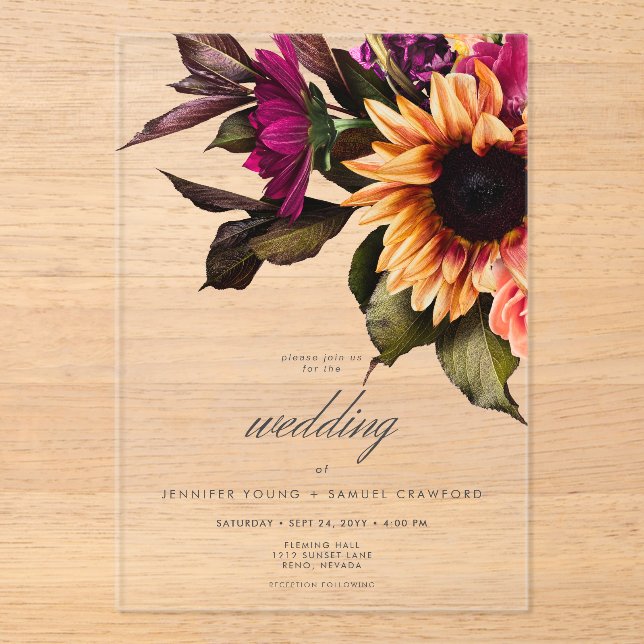 Elegant Moody Vibranly Sunset Floral Wedding Acryleinladungen (Vorderseite)