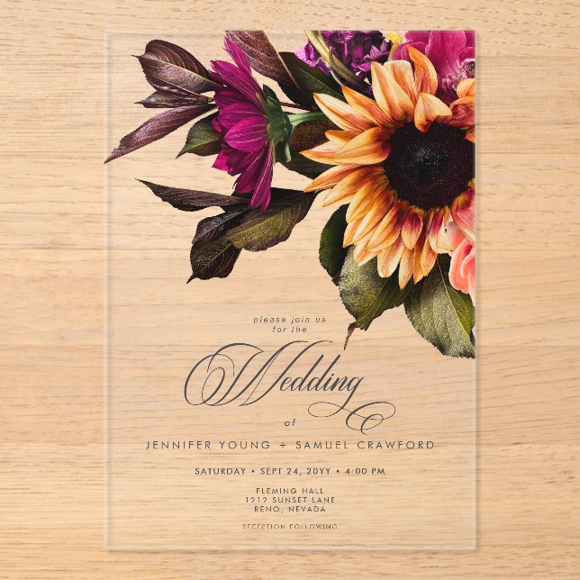 Elegant Moody Vibranly Sunset Floral Wedding Acryleinladungen (Vorderseite)