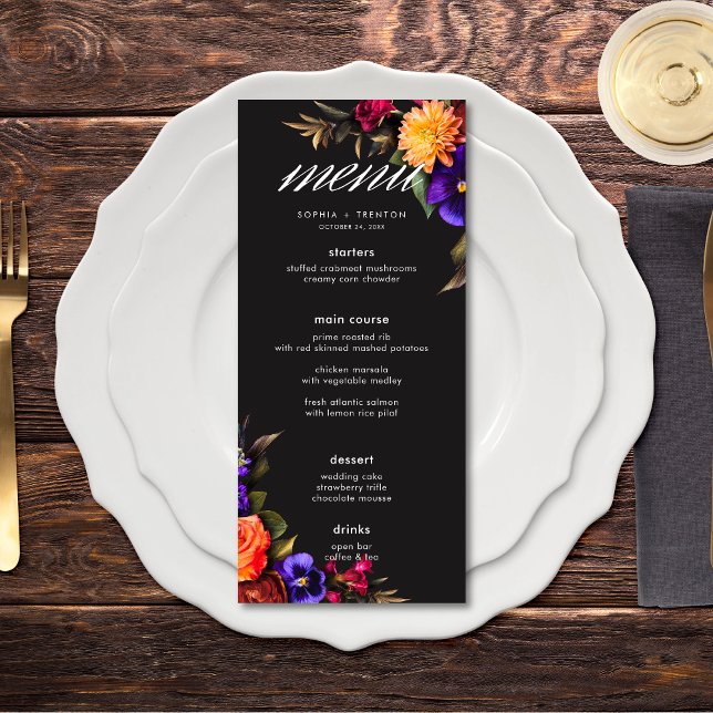 Elegant Moody Vibrant Harvest Floral Wedding Menu Menükarte (Von Creator hochgeladen)