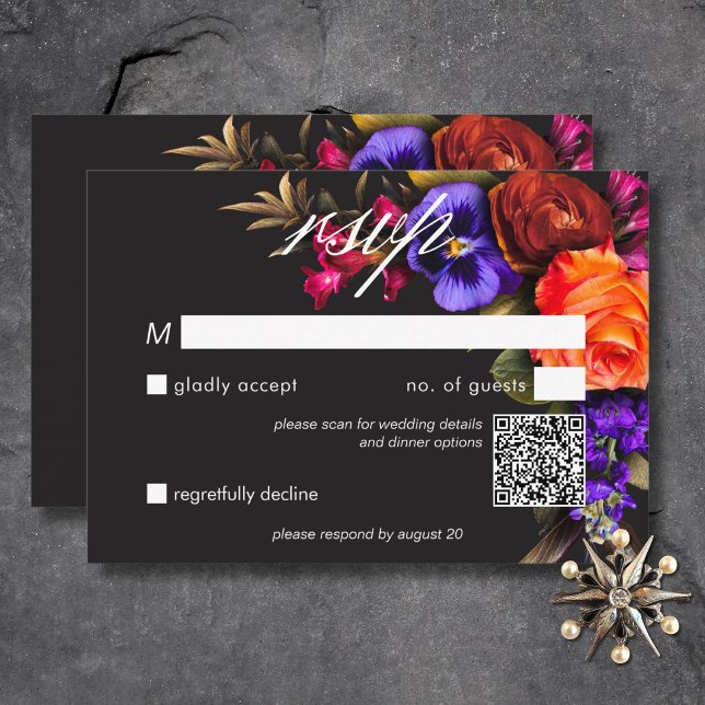 Elegant Moody Vibrant Harvest QR Code RSVP Karte (Elegant Moody Vibrant Harvest Floral QR Code RSVP Card)