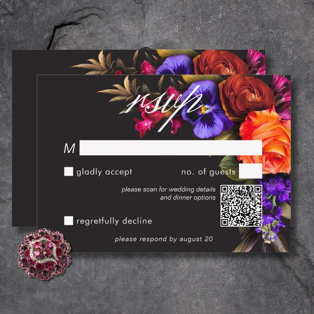 Elegant Moody Vibrant Harvest QR Code RSVP Karte (Elegant Moody Vibrant Harvest Floral QR Code RSVP Card)