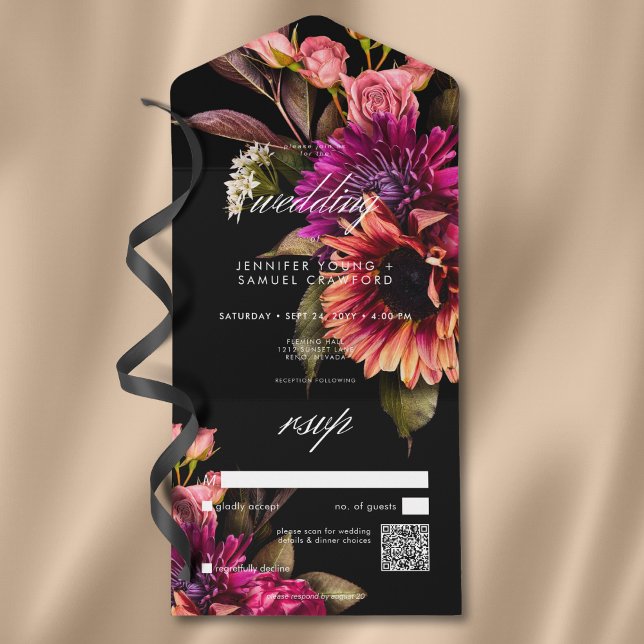 Elegant Moody Vibrant Sunset Floral QR Code All In One Einladung (Elegant Moody Vibrant Sunset Floral QR Code All In One Invitation)