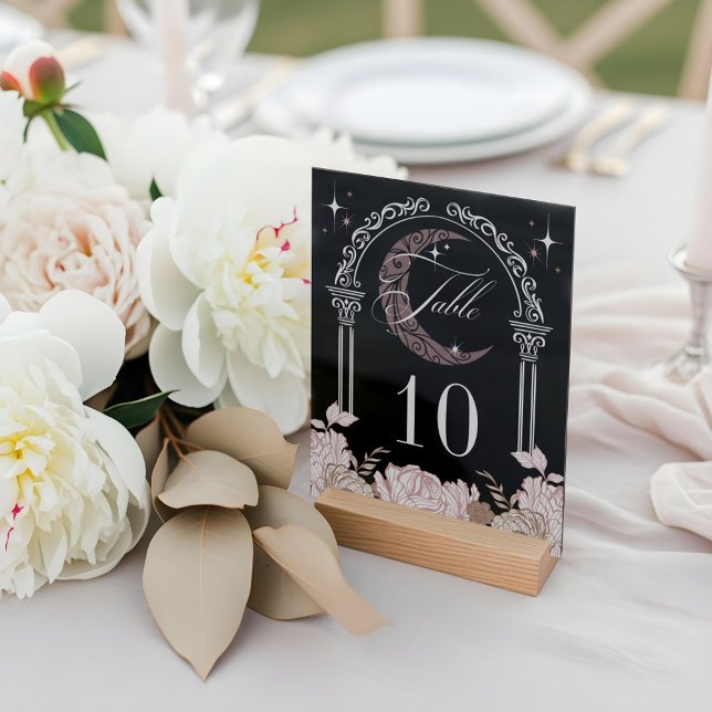 Elegant Moon Stars Floral Quinceañera Table Number Acrylschild (Elegant Moon Stars Floral Quinceañera Table Number Acrylic Sign)