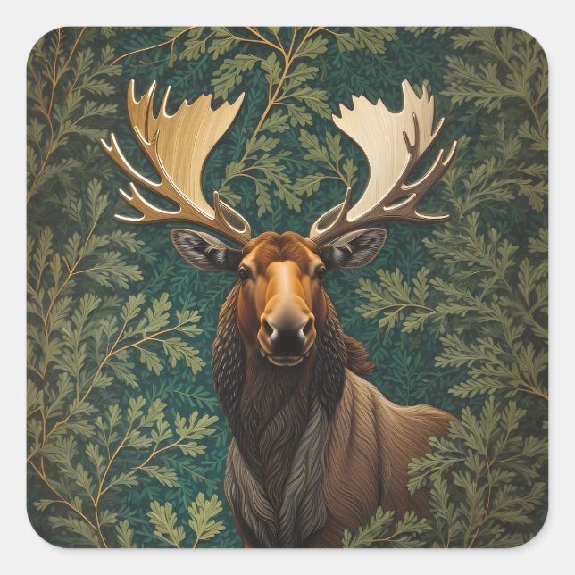 Elegant Moose William Morris Inspiriert Quadratischer Aufkleber (Vorderseite)