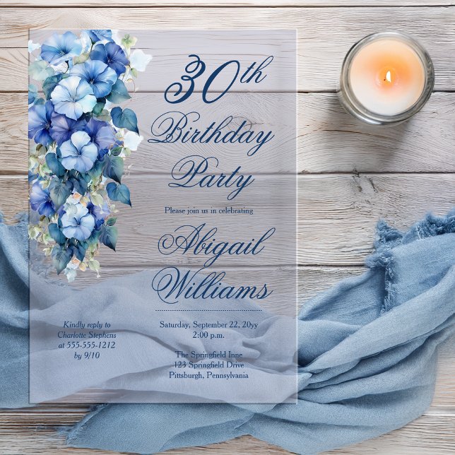 Elegant Morning Glories Blue Floral 30th Birthday  Acryleinladungen (Boho Elegant Morning Glories Blue Floral 30th Birthday Party Acrylic Invitation )
