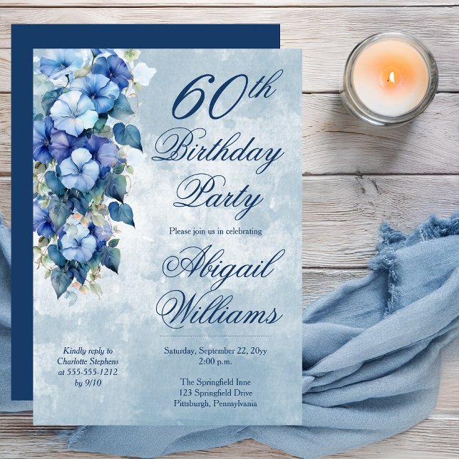 Elegant Morning Glories Blue Floral 60th Birthday  Einladung (Boho Elegant Morning Glories Blue Floral 60th Birthday Party Invitation - Print | Digital Download)
