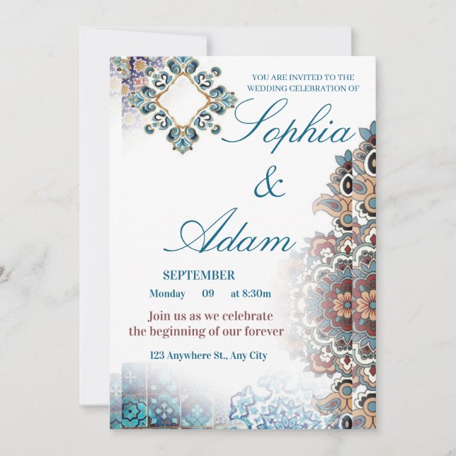 Elegant Moroccan Tile Wedding Invitation Einladung (Vorderseite)