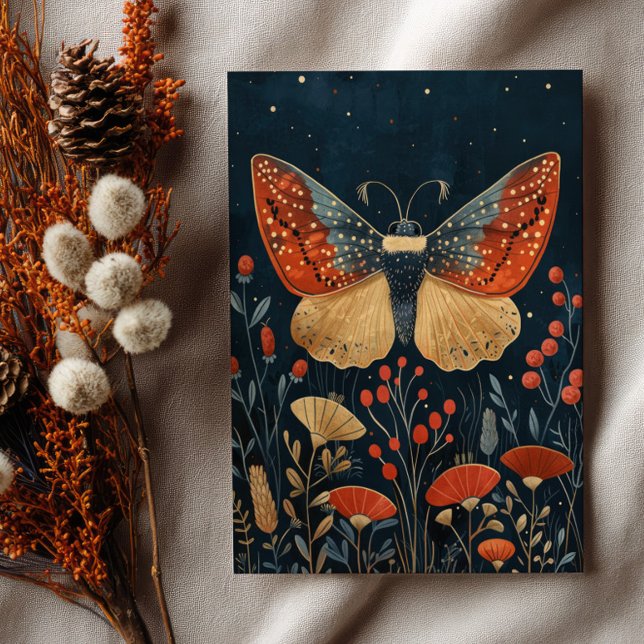 Elegant Moth Autumn Foliage Navy Blue Christmas  Postkarte (Von Creator hochgeladen)