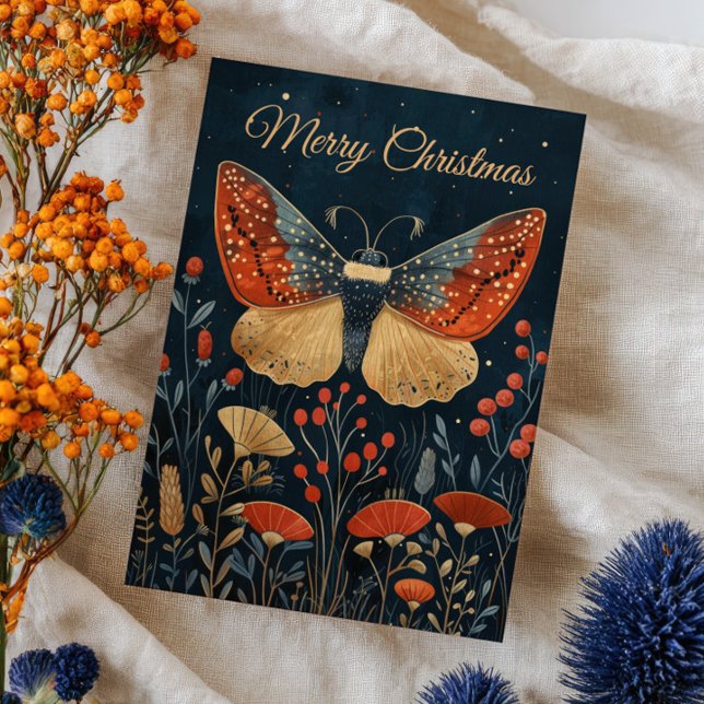 Elegant Moth Autumn Foliage Navy Blue Xmas Photo  Karte (Von Creator hochgeladen)
